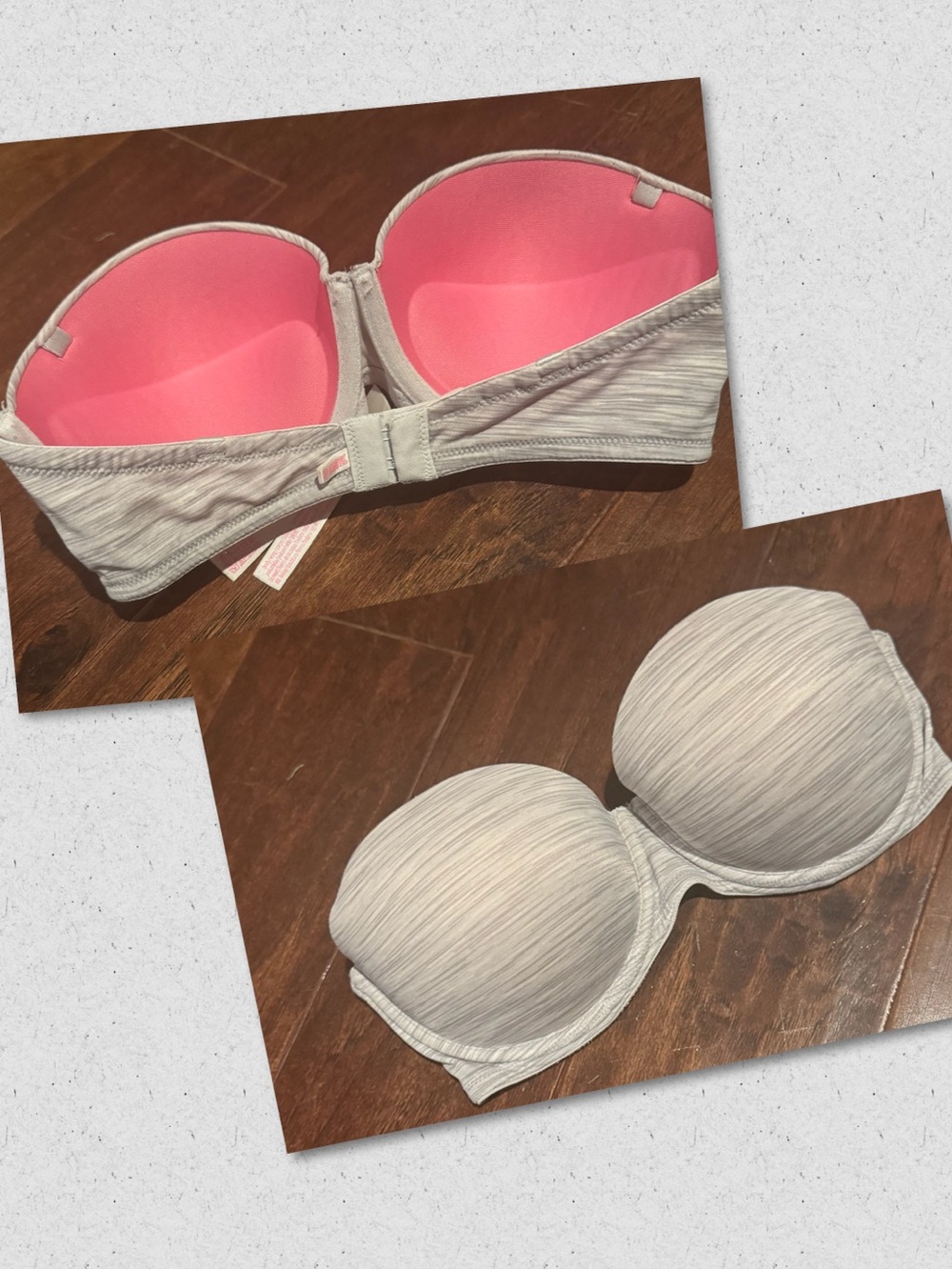 PINK Victoria's Secret Strapless Bra in Light Gray with Pink Lining
